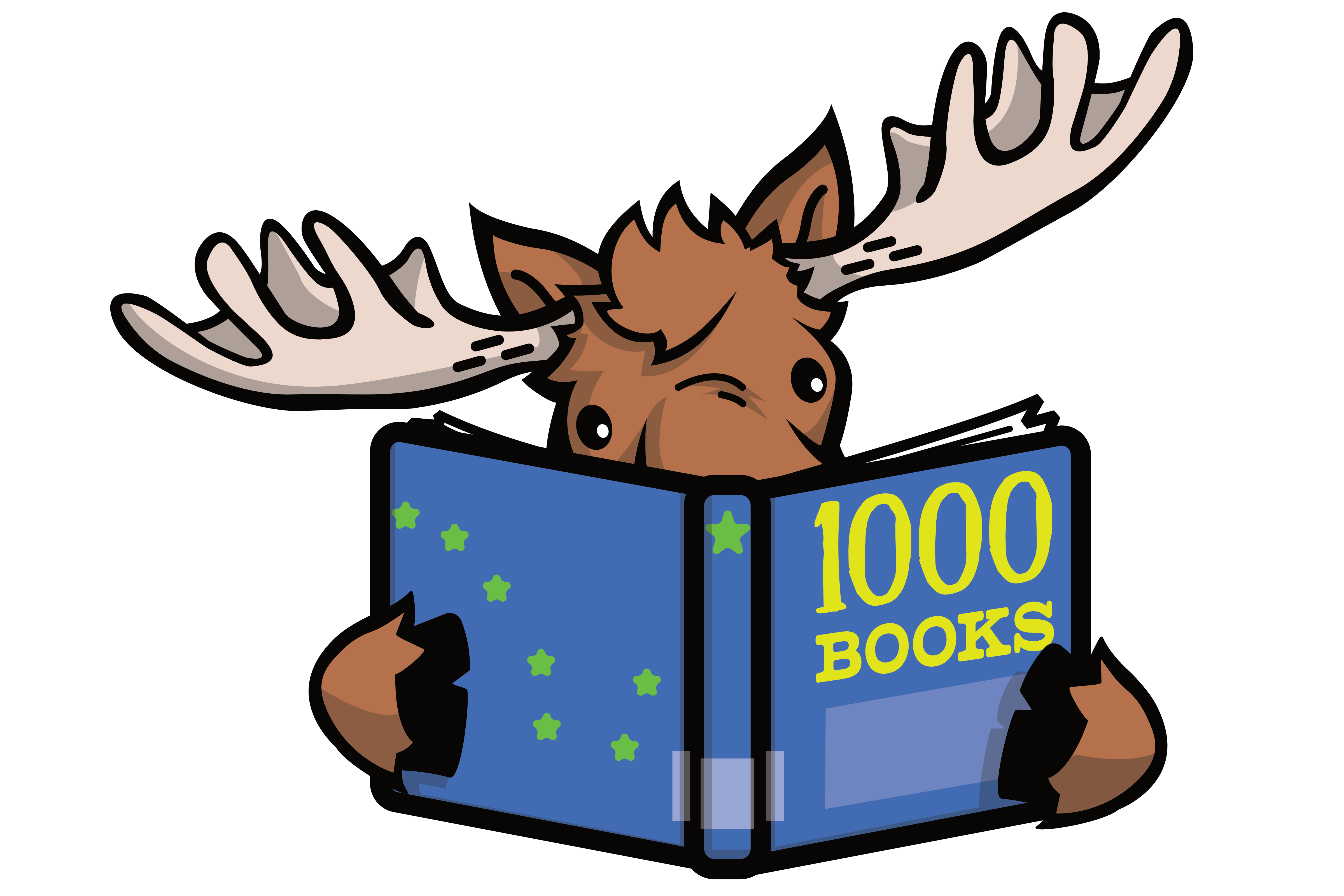 Moose Reading a Book titled 1,000 Books