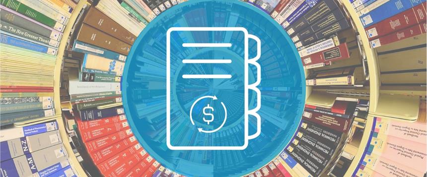 Photo of books with notebook and dollar sign icon in center
