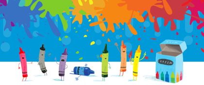 cartoon drawing of crayons with faces and limbs in front of art splashes