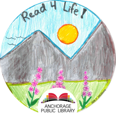sticker design showing a mountain scene with clear blue sunny sky and fireweed flowers. text reads Read 4 Life