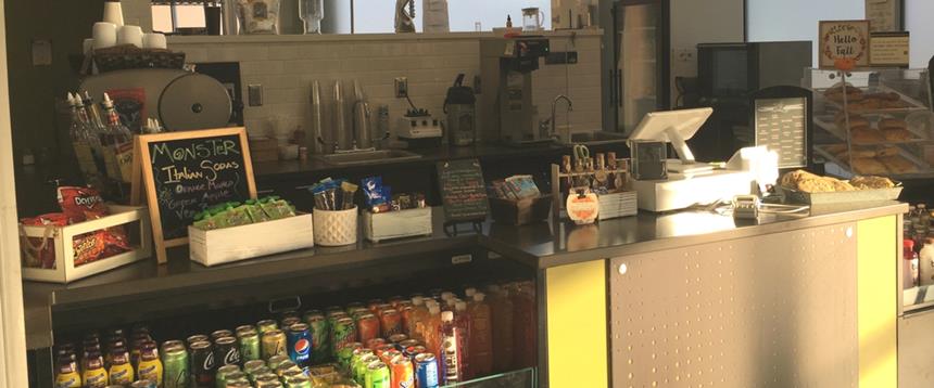 Drinks and snacks on display at the Loussac Library cafe