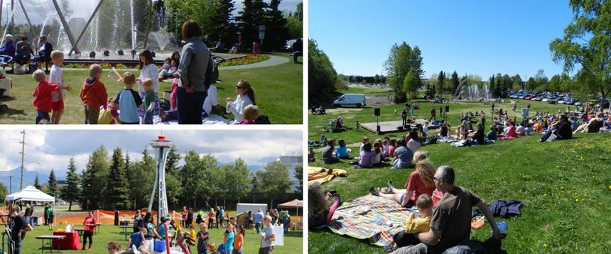 Photo collage of events taking place on Loussac Lawn