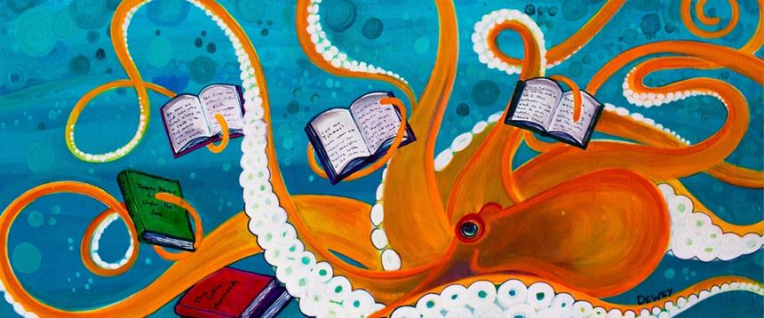 Painting of octopus holding books
