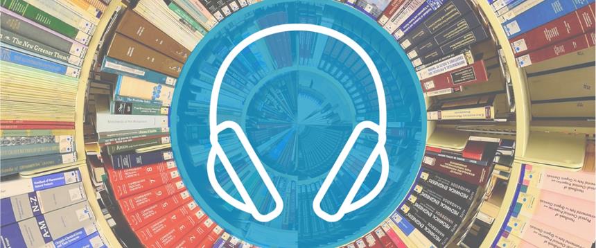 Photo of books with headphones icon in the center