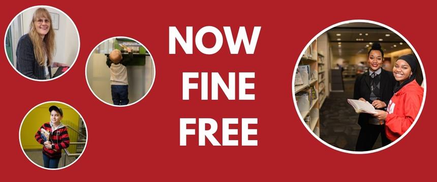 Photos of Anchorage Public Library patrons and staff with the text "Now Fine Free."