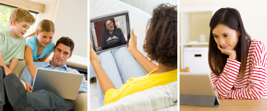 Photo collage of father with children looking at laptop, woman holding tablet, and woman watching tablet