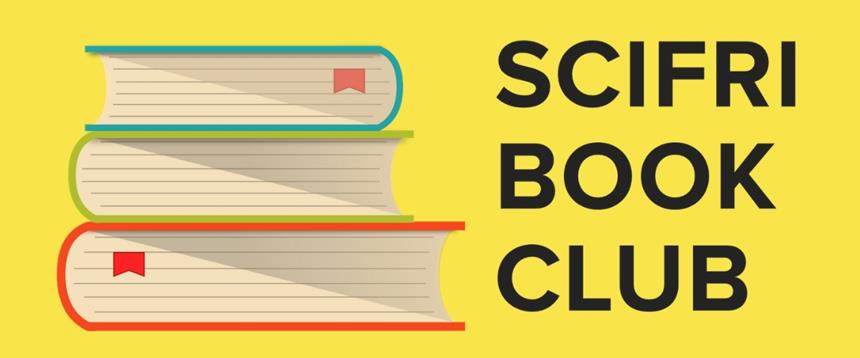 Drawing of stacked books with text: SciFri Book Club