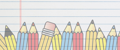 Drawing of red, blue and yellow pencils lined up with a notebook paper background.