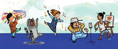 Drawing of children, one playing trumpet, one marching in costume, one singing in a microphone, one dancing with a pot on his head, and one painting.