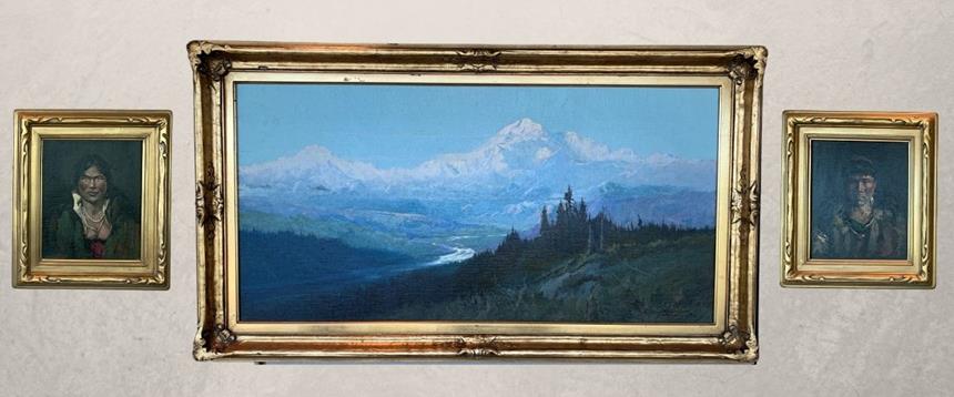 3 Sydney Laurence paintings: an Alaska Native woman, Denali, and an Alaska Native man