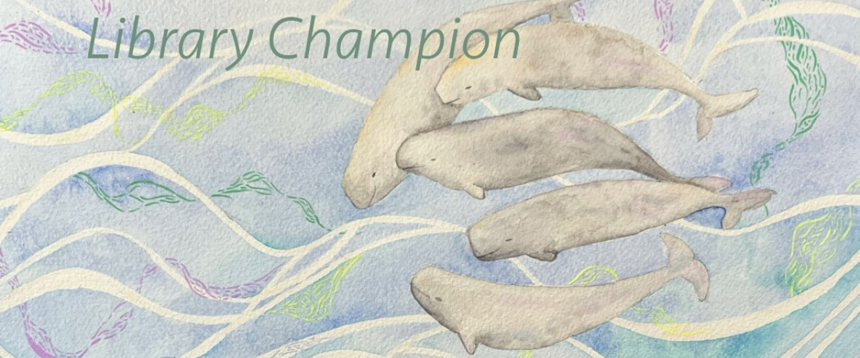 Watercolor painting of 5 beluga whales swimming through waves and swirls of green and purple seaweed