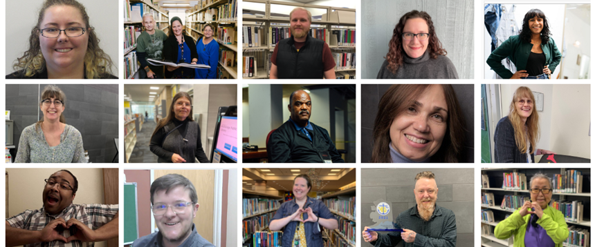Collage of 15 photos of Anchorage Public Library staff