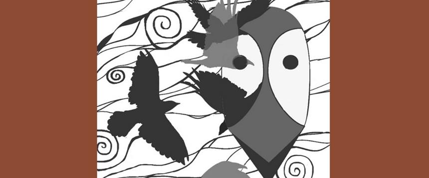 Drawing of ravens and indigenous mask.