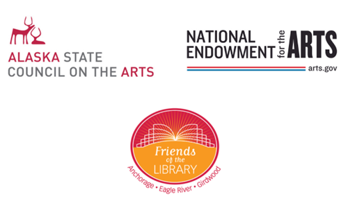 Logos of the Alaska State Council on the Arts, National Endowment for the Arts, and Friends of the Library