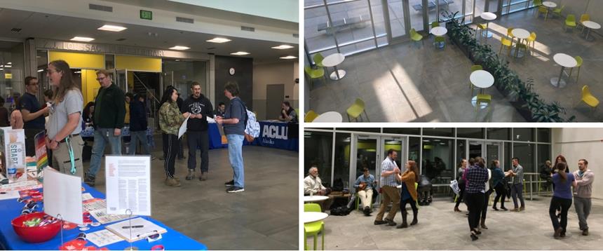 Collage of photos taken in the Loussac Library Atrium of Civics Fair, Irish Dancing and an empty Atrium with tables and chairs