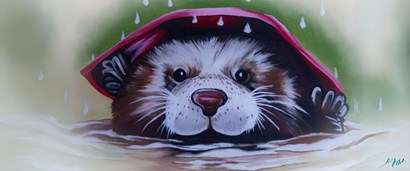 Painting of an otter peaking his head out of the water with a red cover over his head and rain drops