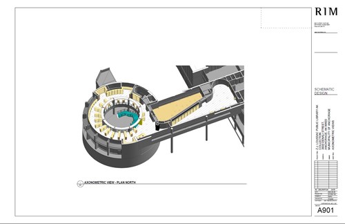 A schematic drawing from RIM Architects showing an overhead view of the rotunda with added shelving where the Alaska collection will be housed. Also shows the staircase leading to the floor below.