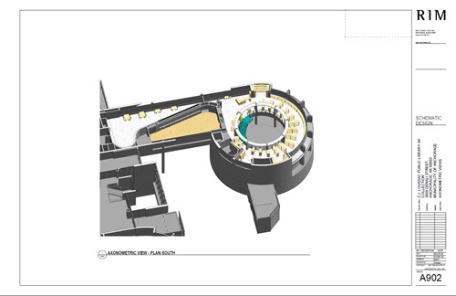 A schematic drawing from RIM Architects showing an overhead view of the rotunda from a different angle to include new seating in the Galleria (hallway) outside the Ann Stevens Room.