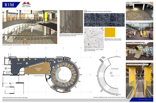 Artist renderings of grand staircase design along with photos of existing main staircase and materials samples