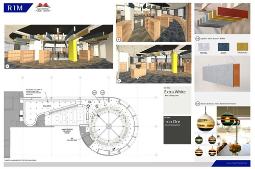 Artist renderings of book cases and decor and photographs of light fixtures and acoustic baffles.