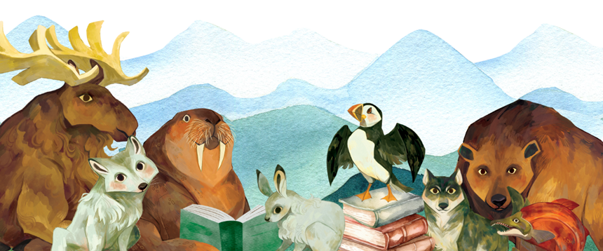 cartoon style Alaska animals looking at the viewer. some animals hold books