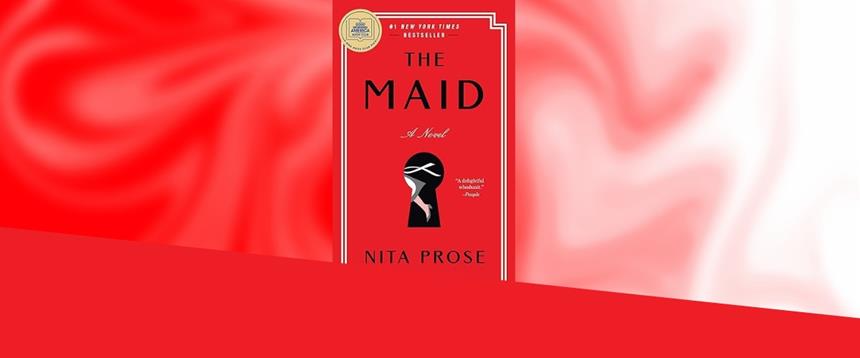 Cover of The Maid by Nita Prose in front of a decorative background