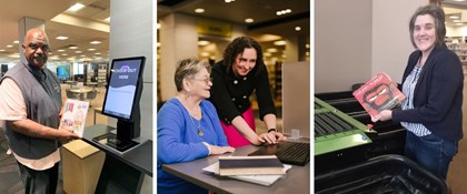 Three photos: a library staff member helping a senior on a computer, a man standing in front of the self-checkout machine, and an APL staff member in front of the automated handling machine at Chugiak-Eagle River branch.